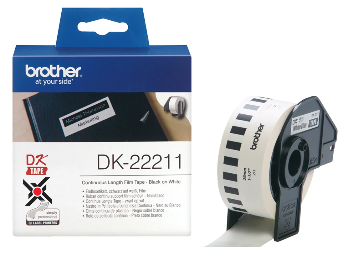 Nhãn film liên tục Brother DK-22211 – Continuous Film White 29 mm × 15.24 m – nhãn đen màng trắng cao cấp – chính hãng