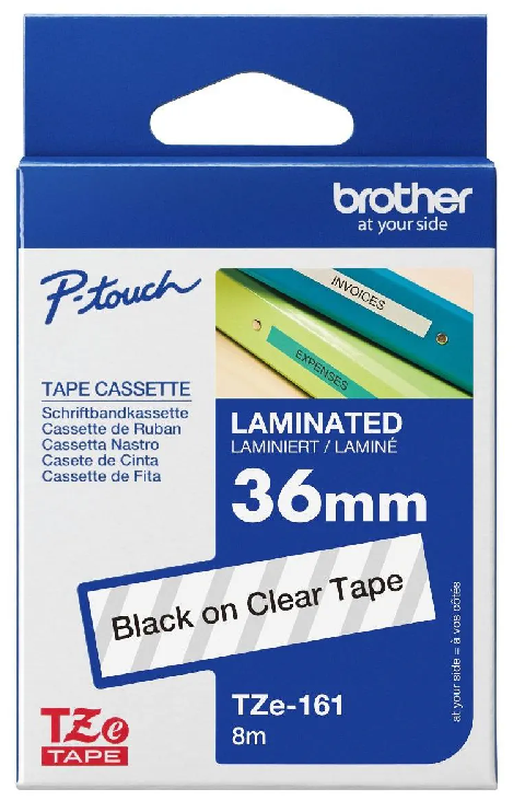 Nhãn In Brother TZe-161 – Black on Clear – nhãn laminate chữ đen nền trong suốt 36mm – chính hãng