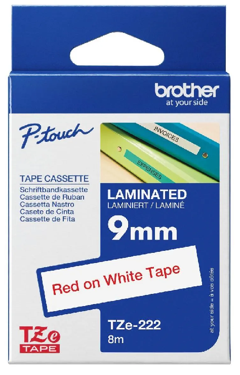  Nhãn in Brother TZe-222 – Red on White – nhãn laminate chữ đỏ nền trắng 9mm – chính hãng