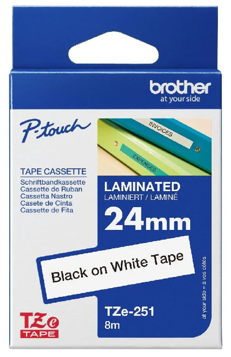 Nhãn in Brother TZe-251 – Black on White – nhãn laminate chữ đen nền trắng 24mm – chính hãng