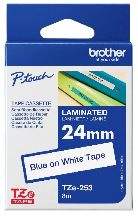 Nhãn in Brother TZe-253 – Blue on White – nhãn laminate chữ xanh nền trắng 24mm – chính hãng