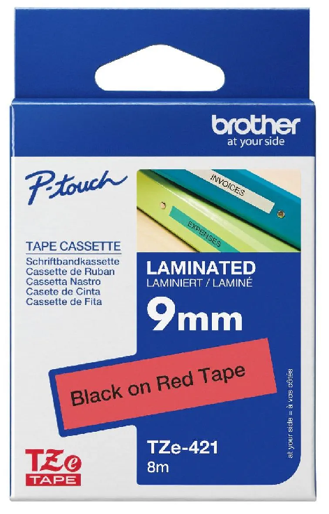 Nhãn in Brother TZe-421 – Black on Red – nhãn laminate chữ đen nền đỏ 9mm – chính hãng