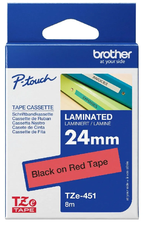  Nhãn in Brother TZe-451 – Black on Red – nhãn laminate chữ đen nền đỏ 24mm – chính hãng