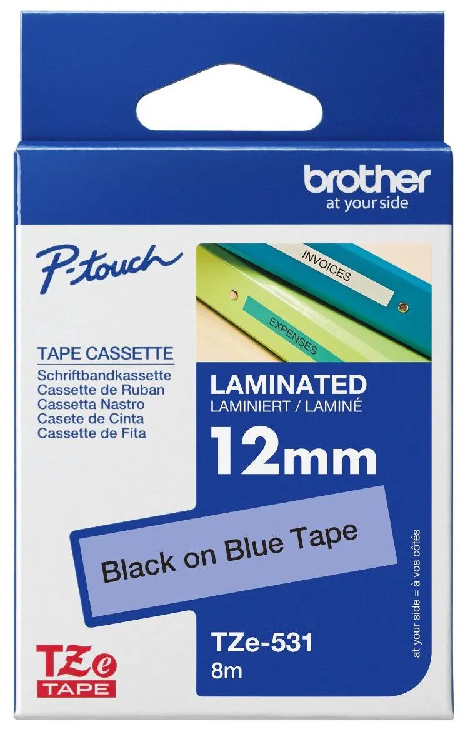 Nhãn in Brother TZe-531 – Black on Blue – nhãn laminate chữ đen nền xanh dương 12mm – chính hãng