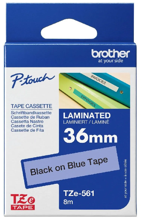 Nhãn in Brother TZe-561 – Black on Blue – nhãn laminate chữ đen nền xanh dương 36mm – chính hãng