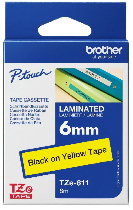 Nhãn in Brother TZe-611 – Black on Yellow – nhãn laminate chữ đen nền vàng 6mm – chính hãng