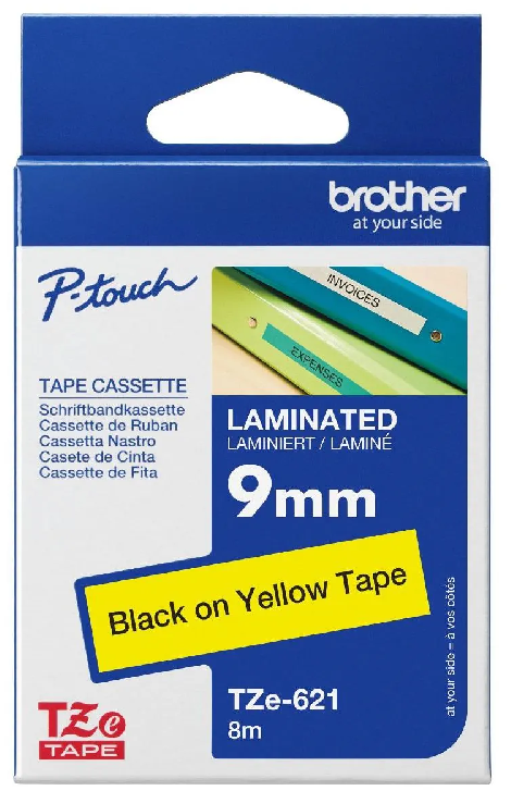 Nhãn in Brother TZe-621 – Black on Yellow – nhãn laminate chữ đen nền vàng 9mm – chính hãng