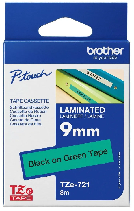 Nhãn in Brother TZe-721 – Black on Green – nhãn laminate chữ đen nền xanh lá 9mm – Chính Hãng