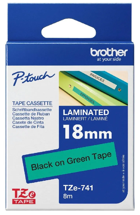 Nhãn in Brother TZe-741 – Black on Green – nhãn laminate chữ đen nền xanh lá 18mm – Chính Hãng