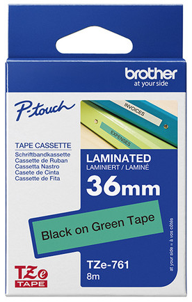 Nhãn in Brother TZe-761 – Black on Green – nhãn laminate chữ đen nền xanh lá 36mm – Chính Hãng