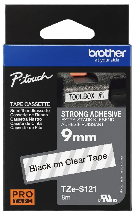 Nhãn in siêu dính Brother TZe-S121 – Black on Clear –  nhãn laminate  chữ đen nền trong suốt 9mm – siêu bám – chống nước – chính hãng