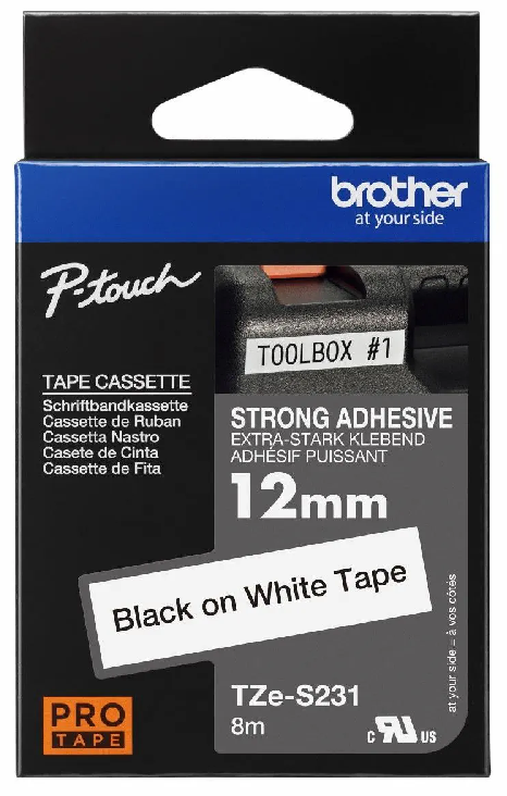 Nhãn in siêu dính Brother TZe-S231 – Black on White 12mm – nhãn laminate chữ đen nền trắng – bám siêu mạnh – chống nước – chính hãng