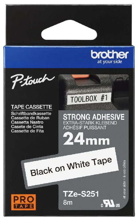 Nhãn in siêu dính Brother TZe-S251 – Black on White 24mm – nhãn laminate chữ đen nền trắng – bám siêu mạnh – chống nước – chính hãng