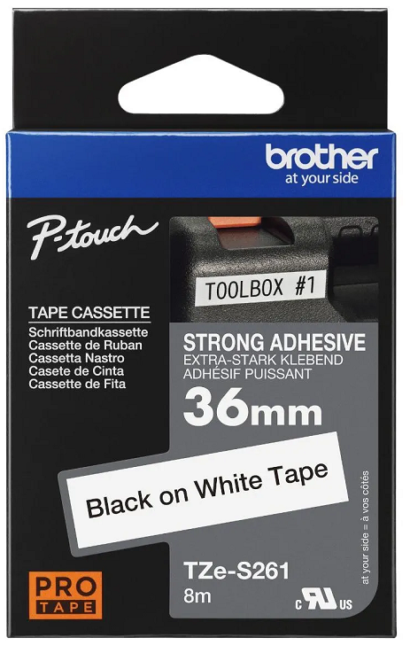 Nhãn in siêu dính Brother TZe-S261 – Black on White 36mm – nhãn laminate chữ đen nền trắng – bám siêu mạnh – chống nước – chính hãng