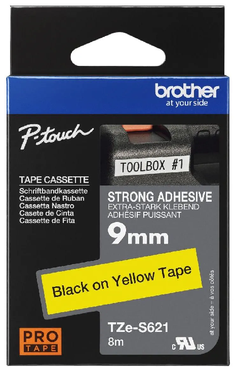 Nhãn in siêu dính Brother TZe-S621 – Black on Yellow 9mm – nhãn laminate chữ đen nền vàng – bám siêu chắc – chống nước – chính hãng