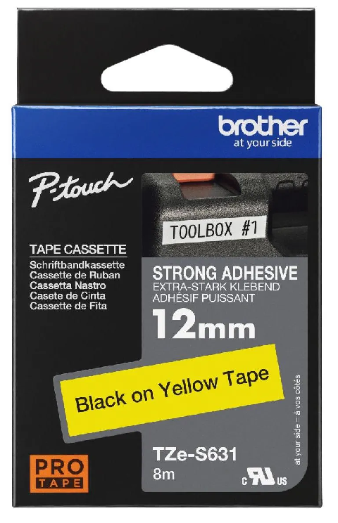 Nhãn in siêu dính Brother TZe-S631 – Black on Yellow 12mm – nhãn laminate chữ đen nền vàng – bám siêu chắc – chống nước – chính hãng