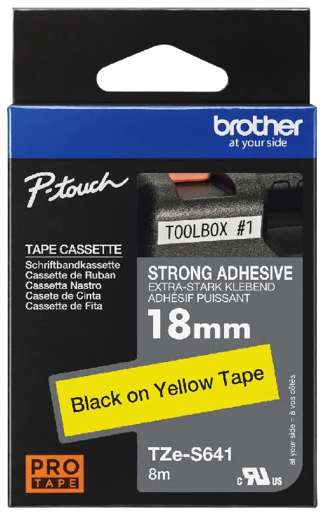 Nhãn in siêu dính Brother TZe-S641 – Black on Yellow 18mm – nhãn laminate chữ đen nền vàng – bám siêu chắc – chống nước – chính hãng