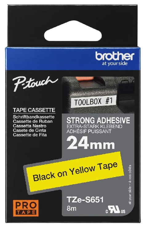 Nhãn in siêu dính Brother TZe-S651 – Black on Yellow 24mm – nhãn laminate chữ đen nền vàng – bám siêu chắc – chống nước – chính hãng