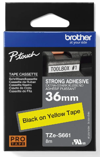 Nhãn in siêu dính Brother TZe-S661 – Black on Yellow 36mm – nhãn laminate chữ đen nền vàng – bám siêu chắc – chống nước – chính hãng