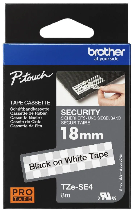 Nhãn in an ninh Brother TZe-SE4 – Black on White 18mm – nhãn laminate chống giả mạo – chính hãng