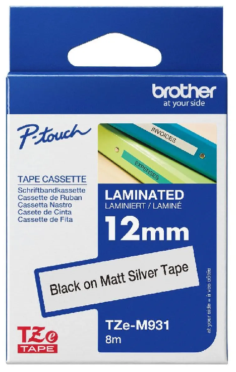 Nhãn in Brother TZe-M931 – Black on Matt Silver 12mm – nhãn laminate chữ đen nền bạc mờ – bền bỉ – chống trầy – chính hãng