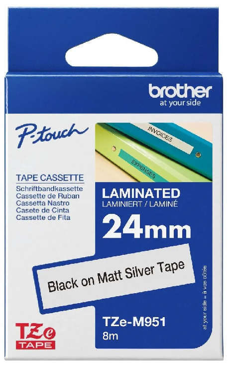 Nhãn in laminate Brother TZe-M951 – Black on Matt Silver 24mm – nhãn chữ đen nền bạc mờ – bền bỉ – chống trầy – chính hãng