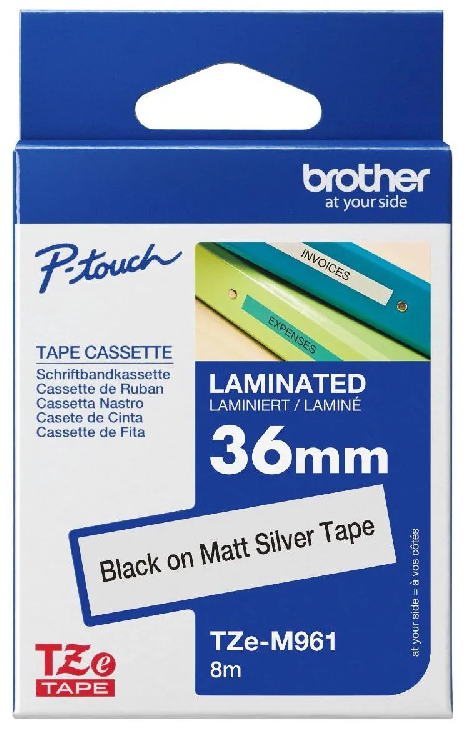 Nhãn in laminate Brother TZe-M961 – Black on Matt Silver 36mm – nhãn chữ đen nền bạc mờ – bền bỉ – chống trầy – chính hãng