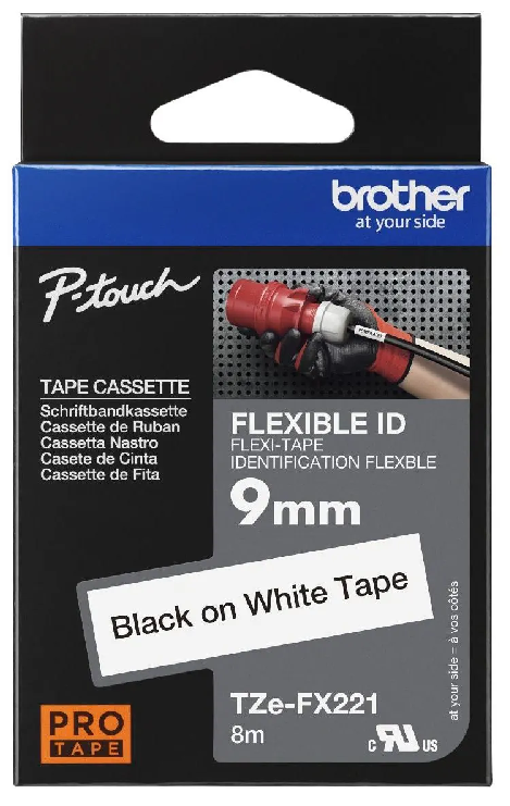Nhãn in laminate siêu dẻo Brother TZe-FX221 – Black on White 9mm – nhãn chữ đen nền trắng – linh hoạt – chính hãng