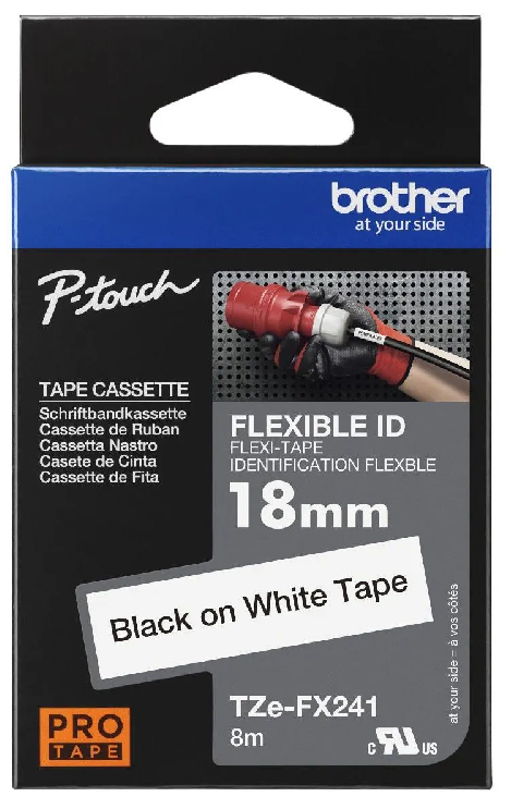 Nhãn in laminate siêu dẻo Brother TZe-FX241 – Black on White 18mm – nhãn chữ đen nền trắng – linh hoạt – chính hãng