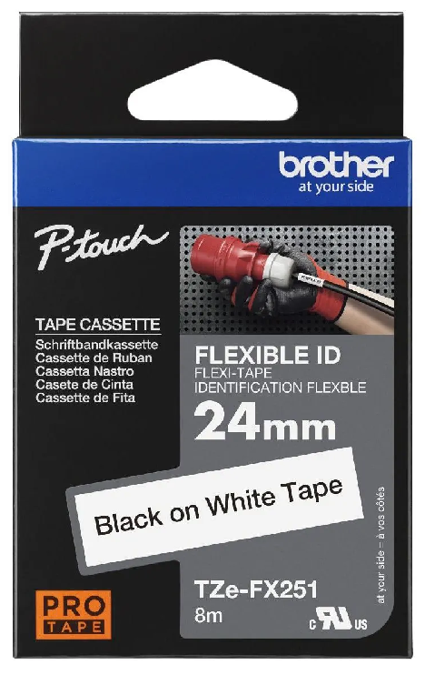 Nhãn in laminate siêu dẻo Brother TZe-FX251 – Black on White 24mm – nhãn chữ đen nền trắng – linh hoạt – chính hãng