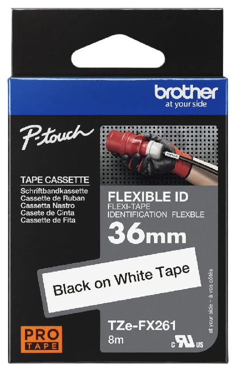 Nhãn in laminate siêu dẻo Brother TZe-FX261 – Black on White 36mm – nhãn chữ đen nền trắng – linh hoạt – chính hãng
