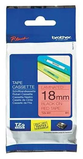 Nhãn in laminate Siêu Dẻo Brother TZe-FX441 – 18mm chữ đen nền đỏ – nhãn dán dây cáp – Flexible ID – chính hãng