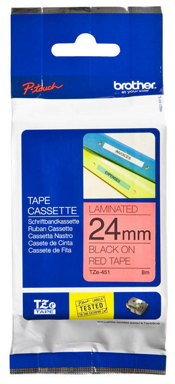 Nhãn in laminate Siêu Dẻo Brother TZe-FX451 – 24mm chữ đen nền đỏ – nhãn dán dây cáp – Flexible ID – chính hãng