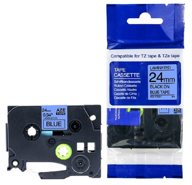 Nhãn in laminate siêu dẻo Brother TZe-FX551 – 24mm chữ đen nền xanh dương – Flexible ID – nhãn dây cáp – chính hãng