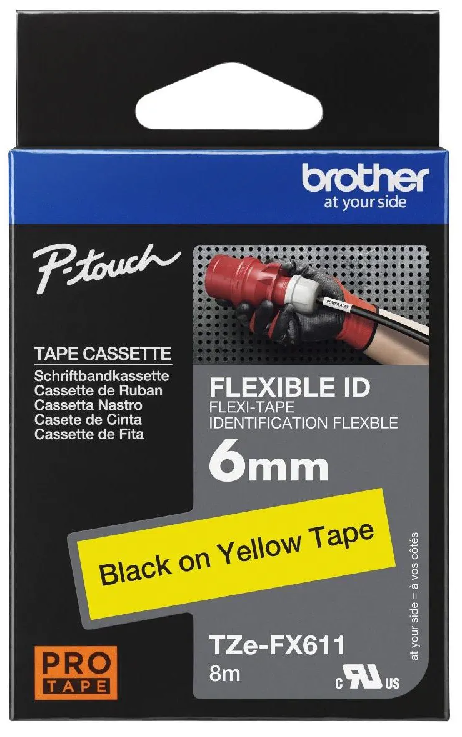 Nhãn in laminate siêu dẻo Brother TZe-FX611 – 6mm chữ đen nền vàng – Flexible ID – siêu bền – Chính Hãng