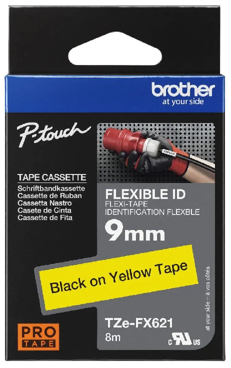 Nhãn in laminate siêu dẻo Brother TZe-FX621 – 9mm chữ đen nền vàng – Flexible ID – siêu bền – Chính Hãng