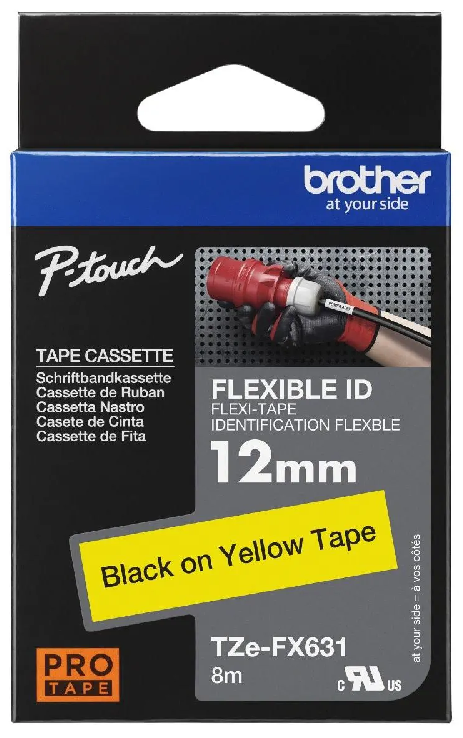  Nhãn in laminate siêu dẻo Brother TZe-FX631 – 12mm chữ đen nền vàng – Flexible ID – siêu bền – Chính Hãng