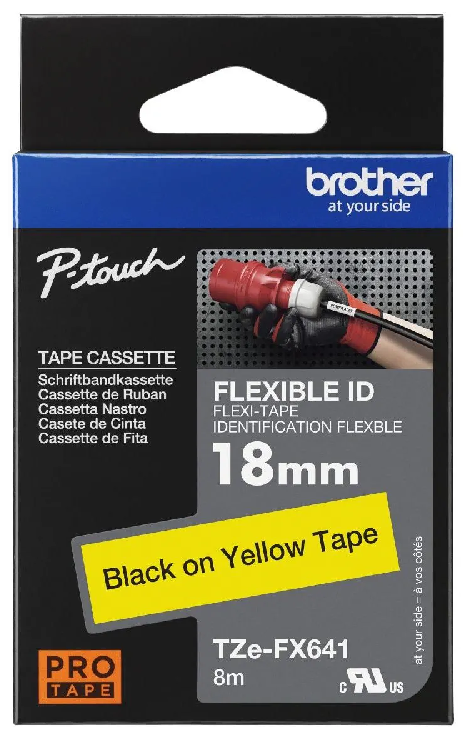 Nhãn in laminate siêu dẻo Brother TZe-FX641 – 18mm chữ đen nền vàng – Flexible ID – siêu bền – Chính Hãng