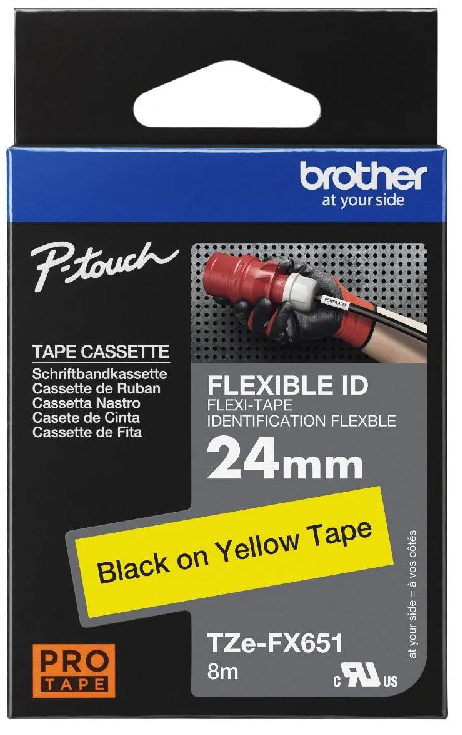  Nhãn in laminate siêu dẻo Brother TZe-FX651 – 24mm chữ đen nền vàng – Flexible ID – siêu bền – Chính Hãng