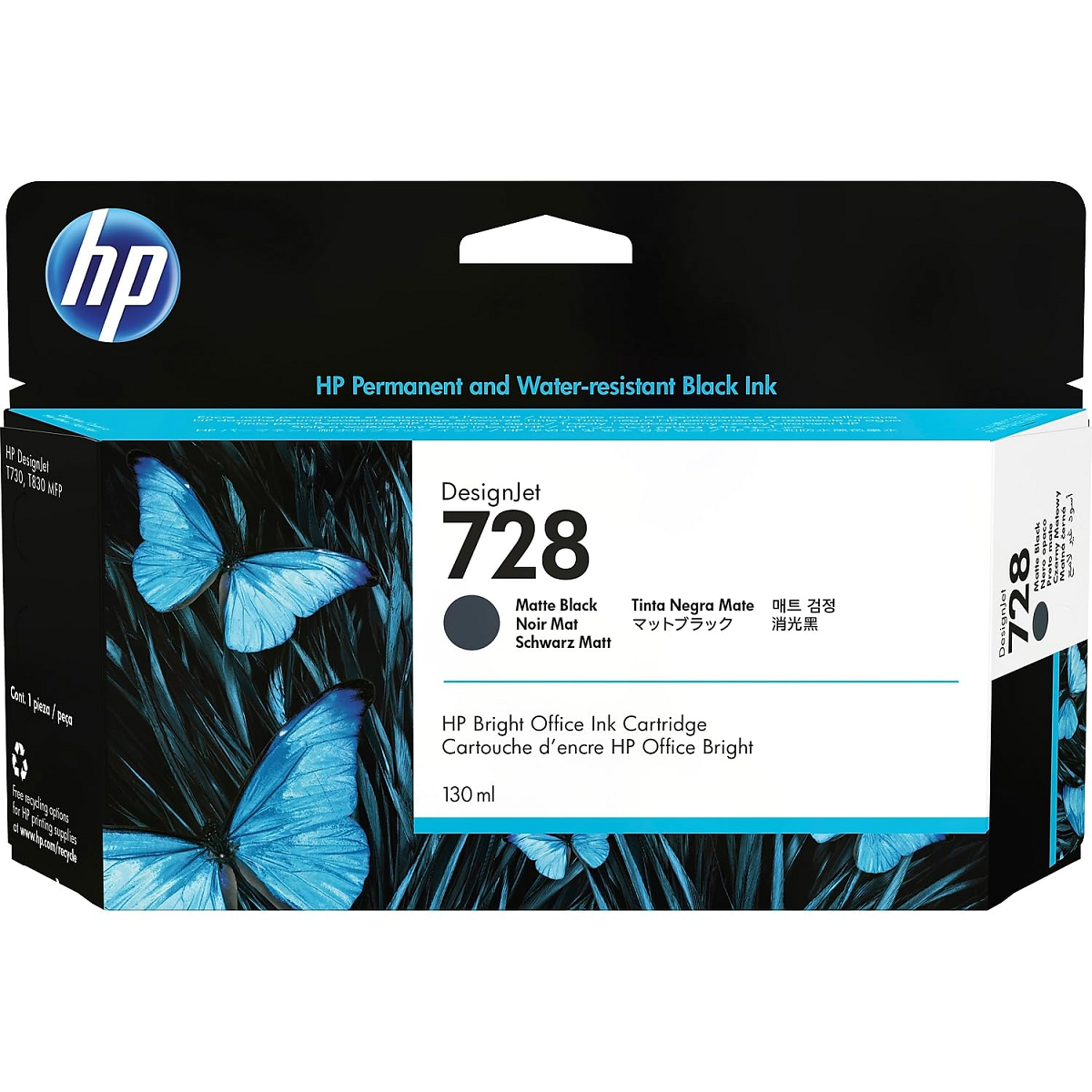Mực in HP 728B Matte Black 130ml DesignJet Ink Cartridge – Hộp mực in phun đen nhám chính hãng HP (3WX26A)